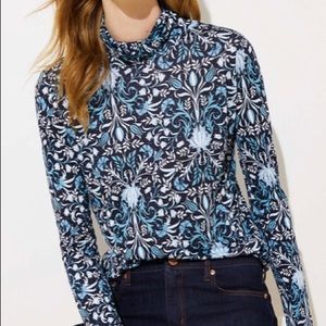 LOFT Rayon Turtleneck Blue Floral Long Sleeves